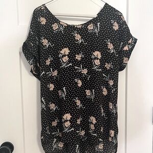 Anthropologie Pleione Top Medium Womens Black Multicolor Floral Polka Dot Shirt